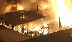 Blaze burns 'buildings and sets school buses on fire' as apartment evacuated