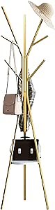 IOTXY Metal Coat Rack Tree - 71 inches Tall Floor Standing Clothing Hanger with Wooden Shelf and 9 Hooks for Handbag Jacket Scarf Rack, Gold
