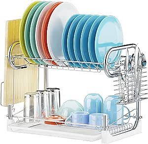 Dish Drying Rack, Veckle 2 Tier Dish Drainer Easy Install Non-Slip Dish Rack Chrome Plated Dish Dryer with Removable Drain Board, Utensil Holder, Cutting Board Holder for Kitchen Counter, Silver