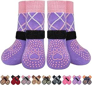 BEAUTYZOO 6PCS Dog Socks to Prevent Licking Paws, Anti Slip Dog Shoes for Hot Pavement Hardwood Floors, Traction Control Toe Grips Boots & Paw Protector for Small Medium Large Senior Dogs, Purple SM