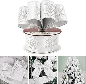 AIMUDI White Christmas Tree Ribbon 2.5 Inch White and Sliver Snowflake Wired Ribbon for Wreaths Gift Wrapping Garlands Holiday Crafts Topper Bows Home Decor- 10 Yards