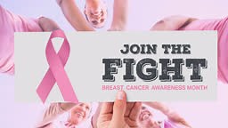 Animation of pink ribbon logo and breast cancer text over group of...