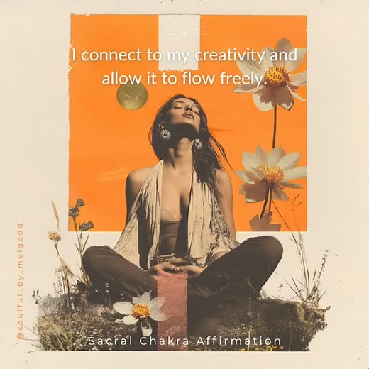 Screenshot post. What is the affirmation you need to strengthen you sacral chakra? Sacral Chakra Colour: orange Location: 3cm below your navel Crystals: all orange crystals. Orange calcite, carnelian, sunstone and peach moonstone. About: The sacral chakra is all about your creativity, relationships, pleasure, personal expression, joy, emotional awareness, reproductive organs, kidneys and circulation. When out of balance you can have issues in any of the areas above, as well as lacking motivation