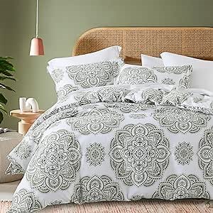 Becomforter Duvet Cover Queen - 100% Cotton Duvet Cover Queen Size, Sage Green Medallion Damask Duvet Cover Set, Ultra Soft Bedding Duvet Covers for All Seasons, 90"x90", No Comforter
