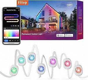 Fitop Permanent Outdoor Lights,100ft Smart Outdoor with DIY Scene Modes,IP67 Waterproof,60 LED Eaves for Party,Holiday,Game Day,Daily Lighting