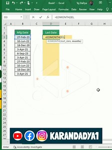 58 reactions | Month End date formula in excel • find month end date in excel #enddate #dateformulas #Excel #excelpranks #karandadya1 #exceltutoriales #exceltipstricks #exceltipsandtricks #ExcelForBeginners #excelformulasandfunctions #PowerQuery #datefunctions #Dateformulas #exceltraining #exceltutorial | Karan Dadya | Facebook