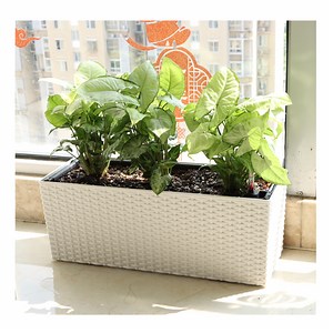 [Hot Item] Wholesale Self Watering Fancy White Railing Balcony Plastic Rattan Herb Long Flower Pot Window Box Rectangular Planter