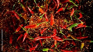 Super slow motion of flying red hot chilli peppers isolated on black background. Overhead view, filmed on high speed cinema camera, 1000 fps. Ultimate perspective of flying food. Stock Video