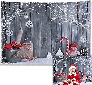 7x5ft Fabric Christmas Photography Backdrop Winter Snowman Santa Gift Wood Background Xmas Eve Holiday Party Supplies Cake Table Banner Home Decoration Portraits Photo Booth Studio Prop