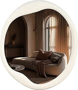 Irregular Asymmetrical Wall Mirror- 24"x28"Ivory Felt Fabric Padded Wavy Wall Mirror for Living Room, Bedroom, Hallway,Dressing Room & Farmhouse-Circular Cloud Vanity Mirror Decorative