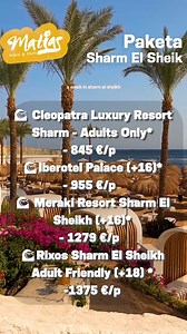 📌Sharm El Sheik Early Booking 🌊 Cleopatra Luxury Resort Sharm - Adults Only* - 845 €/p 🌊Iberotel Palace ( 16)* - 955 €/p 🌊 Meraki Resort Sharm El Sheikh ( 16)* - 1279 €/p 🌊Rixos Sharm El Sheikh Adult Friendly ( 18) *-1375 €/p 🎀7 Dite All Inclusive ✈Nisje : 03 Korrik Në çmim per dhome 2-she përfshihet : -Fluturimi me charter vajte ardhje -Akomodimi në resort për 6 netë e 7 ditë -Sherbimi All Inclusive -Bagazhe te plota 8 20 kg -Asistence Shqiptare Kontakt : 📞 355 69 99 61 122 WhatsApp 📞 3