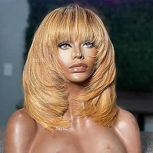 8inch Short Layered Bob Wig Human Hair with Bangs 130Density Ombre Brown BLonde Scalp Top Layered Bob Wigs for Black Women 4#/27# Short Straight Bob Full Machine None Lace Human Hair Wig with Bang