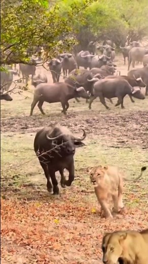 angry buffalo attacks lion