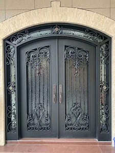 [Hot Item] American Style Residential Hinge Glass Door Screen Metal Hand Forged Entry Double Main Wrought Iron Door