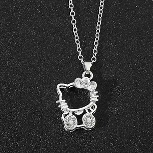 925 Sterling Silver Hello Kitty Silhouette Outline Diamond Accents Necklace