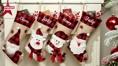 Bemaystar Personalized Christmas Stockings - 18.5'' Embroidery Custom Christmas Stockings with Names, Burlap Plaid Stockings Xmas Decor Gifts for Family Kids Holiday Party, 1-Pack Choose Any Styles