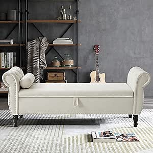Storage Bench for Bedroom End of Bed, 63" Long Velvet Tufted Upholstered Storage Ottoman Bench for Bedroom, Rolled Arm Nailhead Trim with Pillow(Beige)