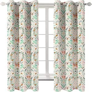 Grommet Window Curtains,Plant Floral and Leaves Pattern Soundproof Drapes, Room Darkening Thermal Insulated Window Treatments, 52 x 63 Inches, 2 Panels