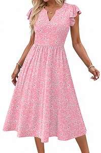 Fantaslook Summer Dresses for Women Ruffle Sleeve V Neck Midi Dresses Fashion Casual Flowy Vacation Sundress