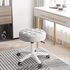 Round Rolling Stool with Wheel，Height Adjustable Swivel Stool，Drafting Work Tatto Massage Spa Salon chair，PU Leather Small Office Chair，Gray