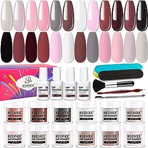 REDNEE 21pcs Dip Powder Nail Kit, 12 Colors Nude Skin Tone Nail Dip Starter Kit with Everything You Need, Long-Lasting Dipping Powder Salon Quality Gift Set for Women RE33