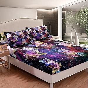 Galaxy Unicorn Bed Sheet Set Kids Cute Unicorn Cats Bed Sheets for Boys Girls Fairy Cartoon Animal Bedding Set Stars Rainbow Cats Decor Fitted Sheet Room Decor 3Pcs Full Size