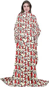 Popcorn Fleece Blanket with Sleeves for Women Men Adult Kids,Movie Theater Food Wearable Blanket Warm Cozy, Red White Popcorn Super Soft Sleeved Throw with Arm, Gift for Women Mom Wife, 50"x50"