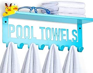 Tandefio Pool Towel Rack with Shelf Outdoor Wall Mounted Towel Holder 8 Hooks for Pool Bathroom Blue Metal Towel Hanger Towel Storage Indoor Outdoor for Robe, Towel, Coat, Swimsuit, Bag, Keys