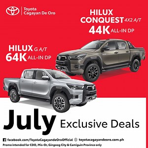 Take home your dream car this Month with Toyota Cagayan de Oro's July deals! Score big savings this month. We are located at KM-2 National Highway, Kauswagan, Cagayan de Oro City, you can also ask about this platform or visit https://toyotacagayandeoro.com.ph/ to learn more . #ToyotaCagayanDeOro #ToyotaNumberOne #Toyota #JulySale | Toyota Cagayan de Oro Inc.