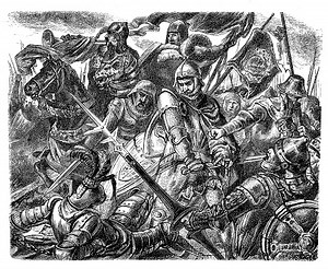 Illustration of a "Death of Dom Pedro." Pedro the Cruel is killed by...