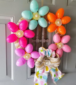 Egg Wreath, Spring Wall Hanging, Faux Flower Wreath, Burlap Ribbon Wreath, Egg Flowers, Spring Flower Wreath, Flower Wall Hanger, Faux Eggs