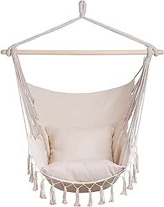 Hammock Chair Hanging Rope Swing Seat - Macrame Hanging Chair with Pocket - Max 330 Lbs - Quality Cotton Weave for Indoor or Outdoor Spaces (Macrame Style)