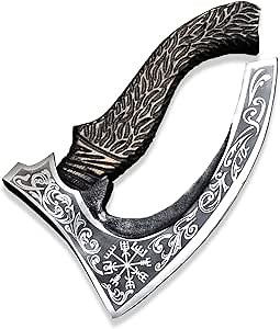 Hand Pizza Cutter Axe - Medieval Hand-Forged Engraved High Carbon Steel Viking Axe with Sheath, Black, (AKC-AX-4516)