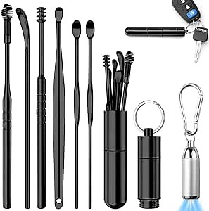 Portable Ear Pick 7 Pcs Spiral Ear Wax Removal with Light - Metal Ear Cleaner Ear Scoop Spiral Ear Wax Remover, Safe Spiral Ear Cleaner Ear Curette Spoon Ear Picker for Home & Travel (Black)