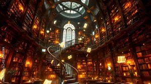 Grand Library at Dusk: A breathtaking view of a grand, circular library filled with towering bookshelves, a sweeping spiral staircase, and the warm glow of countless candles and lamps at dusk. Stock Video