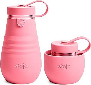 STOJO Jr Collapsible Bottle for Kids - Peony Pink, 14oz / 400ml - Leak-Proof Reusable Silicone Travel Cup for Hot & Cold Drinks - For Home, On-The-Go Camping & Hiking - Microwave & Dishwasher Safe