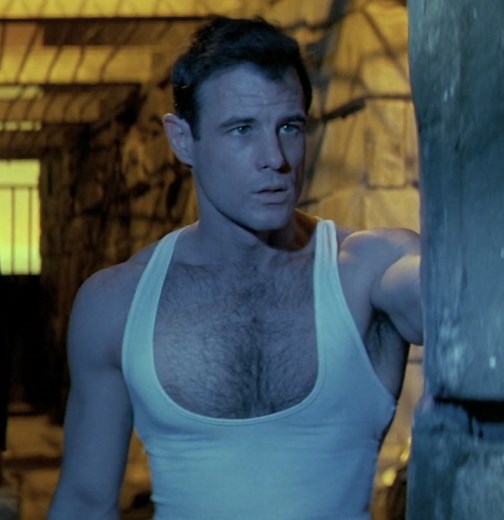 Brad Davis & Hanno Pöschl in queer filmmaker Rainer Werner Fassbinder’s 1982 film QUERELLE, an adaptation of the 1947 classic queer novel “Querelle de Brest” by Jean Genet. Querelle is a Belgian sailor whose ship docks in the French port of Brest. He learns of a bar and brothel that is run by Madame Lysiane and her husband Nono, the bartender, through the gossip of fellow sailors. Apparently Lysiane’s lovers are screened by Nono who asks that the men sleeping with his wife first roll dice; if No