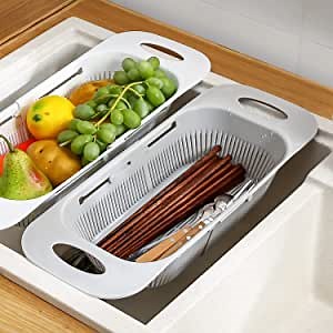 Expandable Over the Sink Colander, Collapsible Sink Strainer for Kitchen, Plastic Sink Colander for Vegetables and Fruits, Over Sink Drain Basket Kitchen Essentials (Small)