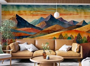 Watercolor Mountain Landscape Wallpaper: Autumn Forest Peel and Stick Mural - Etsy UK