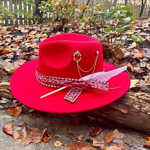 Red Fedora: Embroidered Band, Red Leather Tie - Adjustable Fit - Etsy