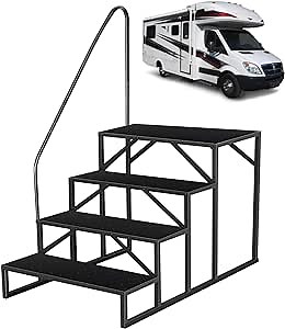 Hot Tub Steps with Handrail｜4 Step RV Steps｜Update 3.0 Outdoor RV Stair with Anti-Slip Pedals｜RV Ladders for Travel Trailers｜Heavy Duty Mobile Home Steps for Camper, Porch, Spa