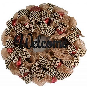 Welcome Wreath - Jute Burlap and Maroon Black Burlap Chevron Letter Initial Decor - Burgundy Wedding