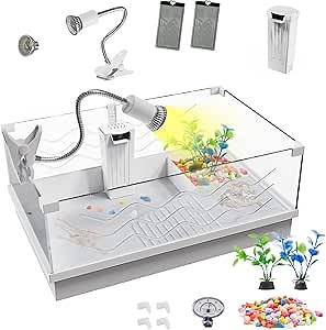20" Turtle Tank Starter Kit(Light + Filter), Reptile Tank, Acrylic Turtle Aquarium with Basking Platform, Removable Multi-Function Area Turtle Enclosure for Turtles 20"x12.6"