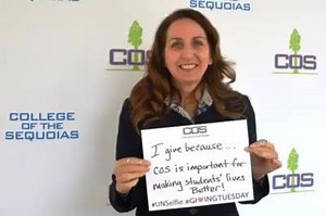 COS staff and students are a generous bunch. See some of the UnSelfies taken today on the Visalia Campus. There are many causes within COS. See more at COS.edu/GivingTuesday #GivingTues #COSGiant #UNSelfie | College of the Sequoias