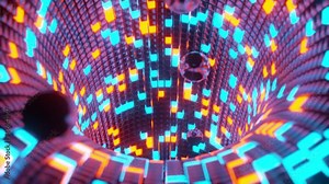 Flying inside a bright and colorful curved pipe. The pipe consists of many differently glowing cubes. Metallic spheres fly inside the tube, mirroring glowing walls. Looped video. Abstract background.