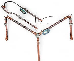 Western Bridles for Horses - Hand-Striped Tooled Leather with Turquoise Coloring and Buck Stitching- Christmas Horse tack