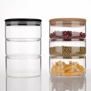 [Hot Item] Wholesale Multilayer Food Kitchen Spice Container Cookies Nuts Borosilicate Glass 3 Stackable Pantry Storage Jars with Bamboo Lids