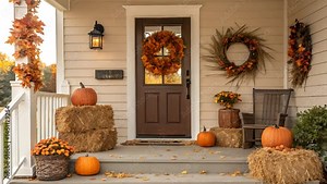 Fall porch decor with pumpkins hay bales and autumn wreaths galore