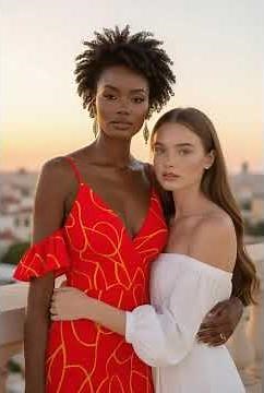 Interracial lesbian kiss between two female models