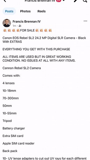 💥💥💥💥FOR SALE💥💥💥💥 Canon EOS Rebel SL2 24.2 MP Digital SLR Camera - Black With EXTRAS EVERYTHING YOU GET WITH THIS PURCHASE ALL ITEMS ARE USED BUT IN GREAT WORKING CONDITION. NO ISSUES AT ALL WITH ANY ITEMS. Cannon Rebel SL2 Camera Comes with: 4 lenses 10-18mm 70-300mm 50mm 10-55mm Tripod Battery charger Extra SIM card Apple SIM card reader Back pack 10- UV lense adapters to cut out UV rays for each different lense RODE mic Hand held camera stabilizer Barely used. Great camera. Would be pe